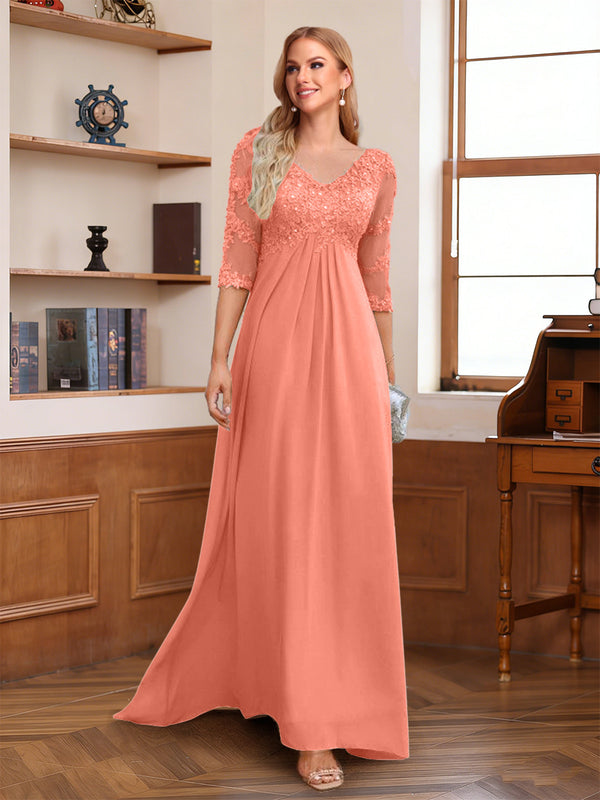 A-Line/Princess V-Neck Half Sleeves Floor-Length Mother of the Bride Dresses with Lace & Sequins