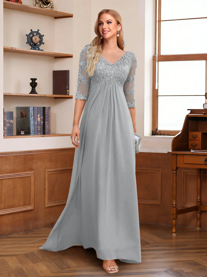 A-Line/Princess V-Neck Half Sleeves Floor-Length Mother of the Bride Dresses with Lace &amp; Sequins