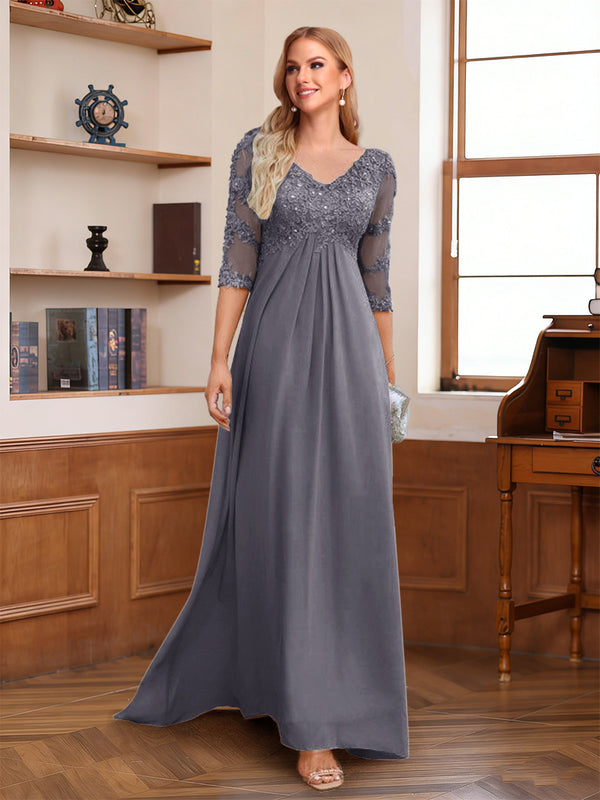 A-Line/Princess V-Neck Half Sleeves Floor-Length Mother of the Bride Dresses with Lace & Sequins