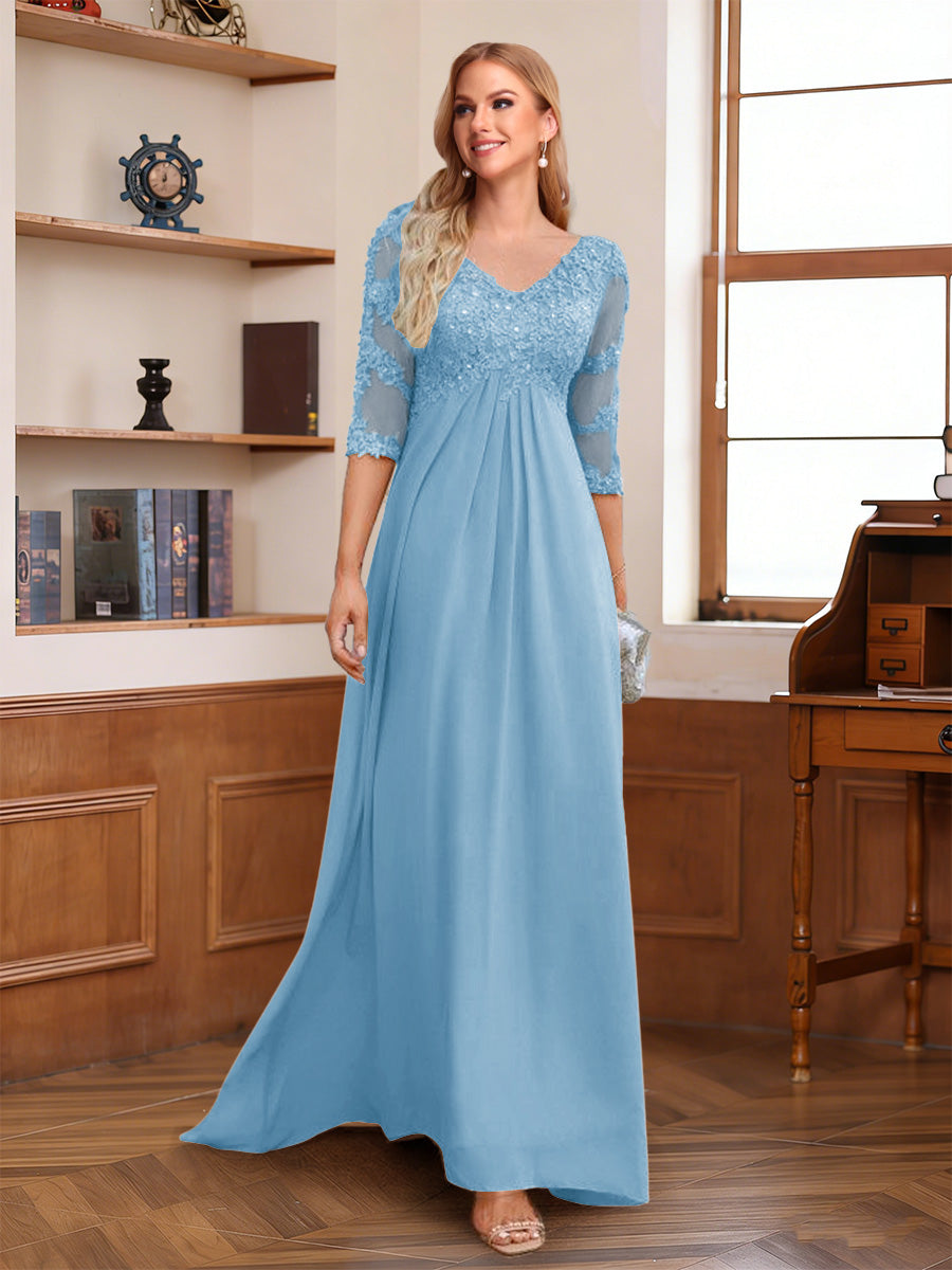 A-Line/Princess V-Neck Half Sleeves Floor-Length Mother of the Bride Dresses with Lace &amp; Sequins