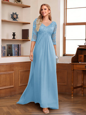 A-Line/Princess V-Neck Half Sleeves Floor-Length Mother of the Bride Dresses with Lace & Sequins