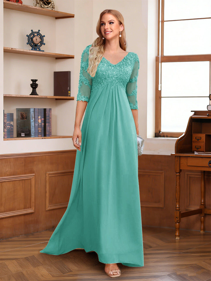 A-Line/Princess V-Neck Half Sleeves Floor-Length Mother of the Bride Dresses with Lace &amp; Sequins