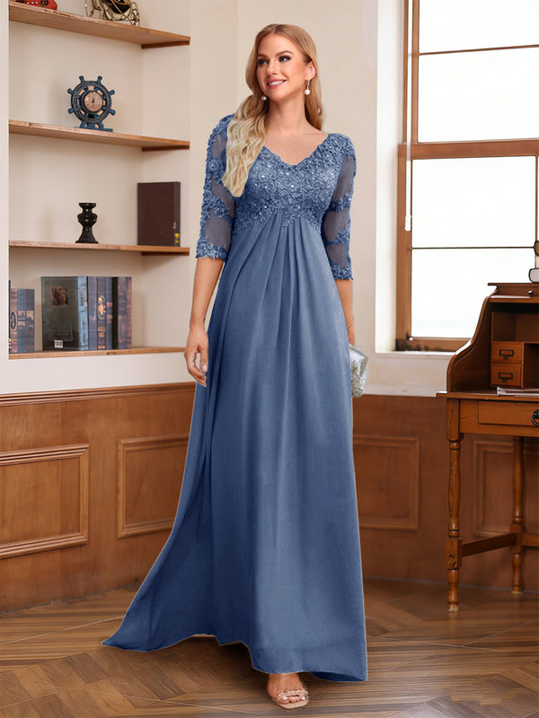 A-Line/Princess V-Neck Half Sleeves Floor-Length Mother of the Bride Dresses with Lace & Sequins