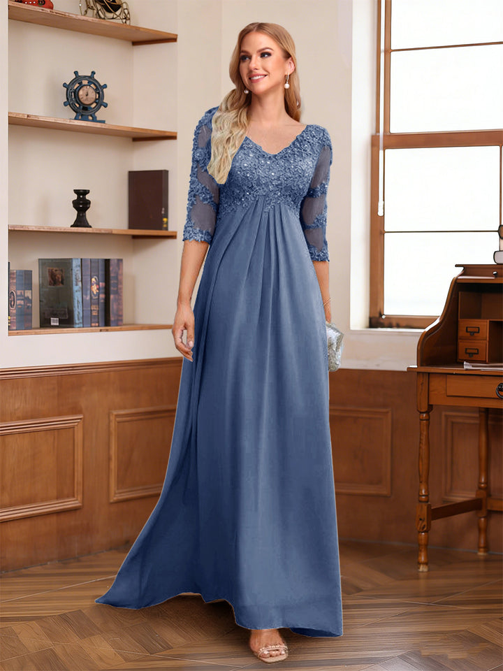A-Line/Princess V-Neck Half Sleeves Floor-Length Mother of the Bride Dresses with Lace &amp; Sequins