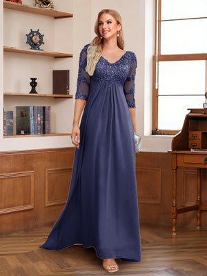 A-Line/Princess V-Neck Half Sleeves Floor-Length Mother of the Bride Dresses with Lace & Sequins