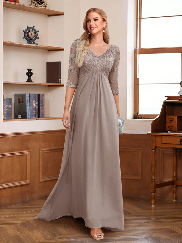A-Line/Princess V-Neck Half Sleeves Floor-Length Mother of the Bride Dresses with Lace & Sequins