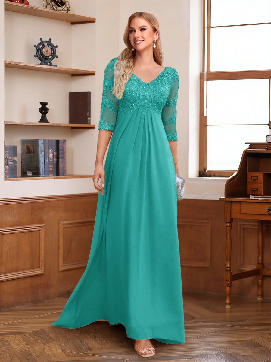 A-Line/Princess V-Neck Half Sleeves Floor-Length Mother of the Bride Dresses with Lace &amp; Sequins