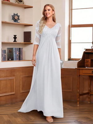 A-Line/Princess V-Neck Half Sleeves Floor-Length Mother of the Bride Dresses with Lace & Sequins
