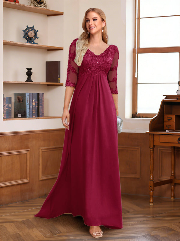 A-Line/Princess V-Neck Half Sleeves Floor-Length Mother of the Bride Dresses with Lace & Sequins