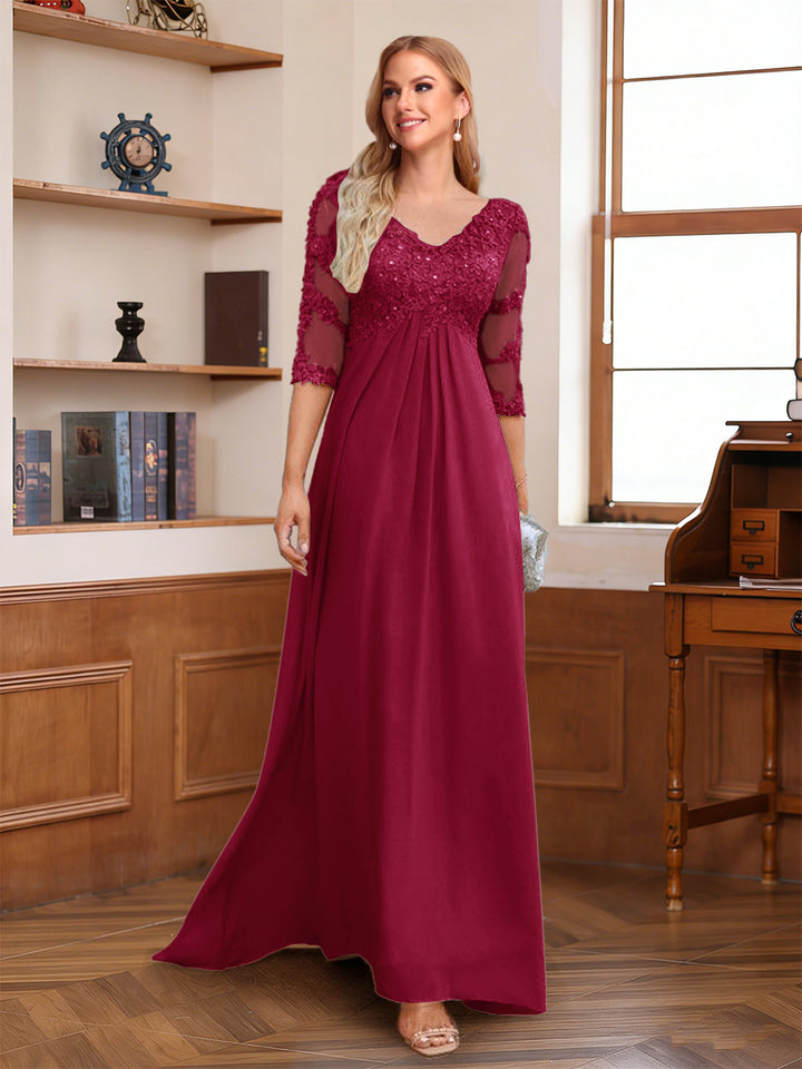 A-Line/Princess V-Neck Half Sleeves Floor-Length Mother of the Bride Dresses with Lace &amp; Sequins