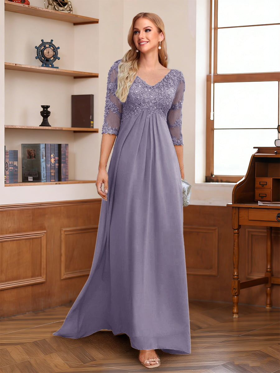 A-Line/Princess V-Neck Half Sleeves Floor-Length Mother of the Bride Dresses with Lace &amp; Sequins