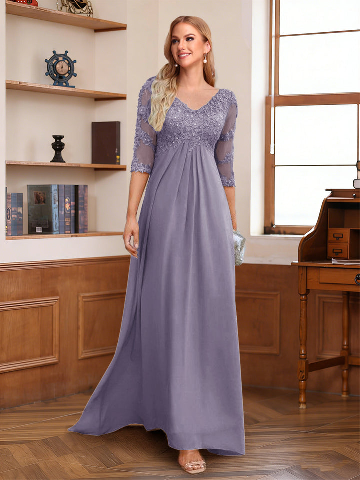 A-Line/Princess V-Neck Half Sleeves Floor-Length Mother of the Bride Dresses with Lace &amp; Sequins