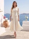 A-Line/Princess Scoop Half Sleeves Tea-Length Mother of the Bride Dresses with Lace&Embroidery