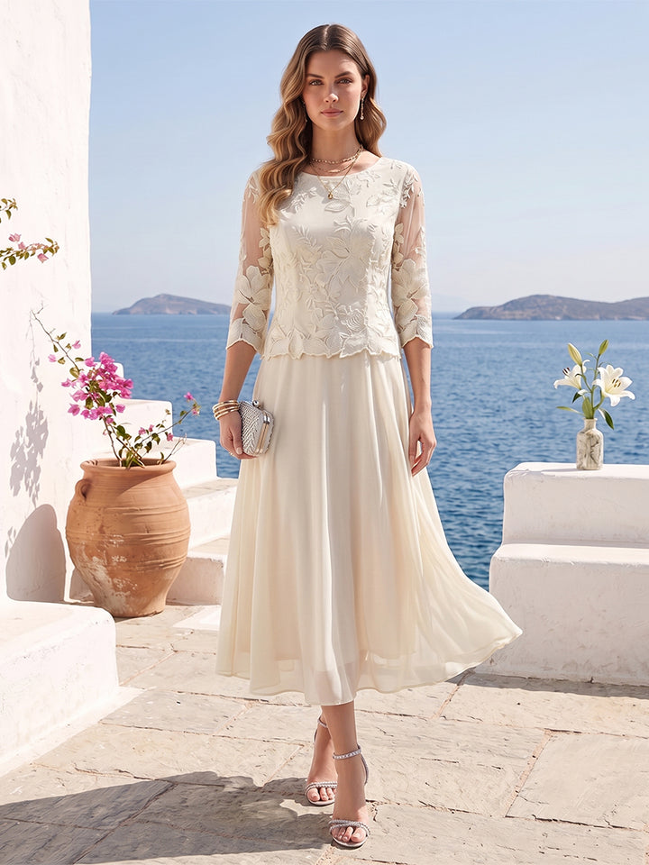 A-Line/Princess Scoop Half Sleeves Tea-Length Mother of the Bride Dresses with Lace&amp;Embroidery