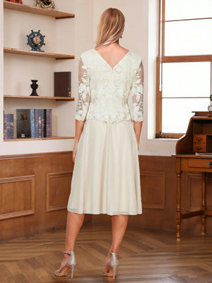 A-Line/Princess Scoop Half Sleeves Tea-Length Mother of the Bride Dresses with Lace&Embroidery