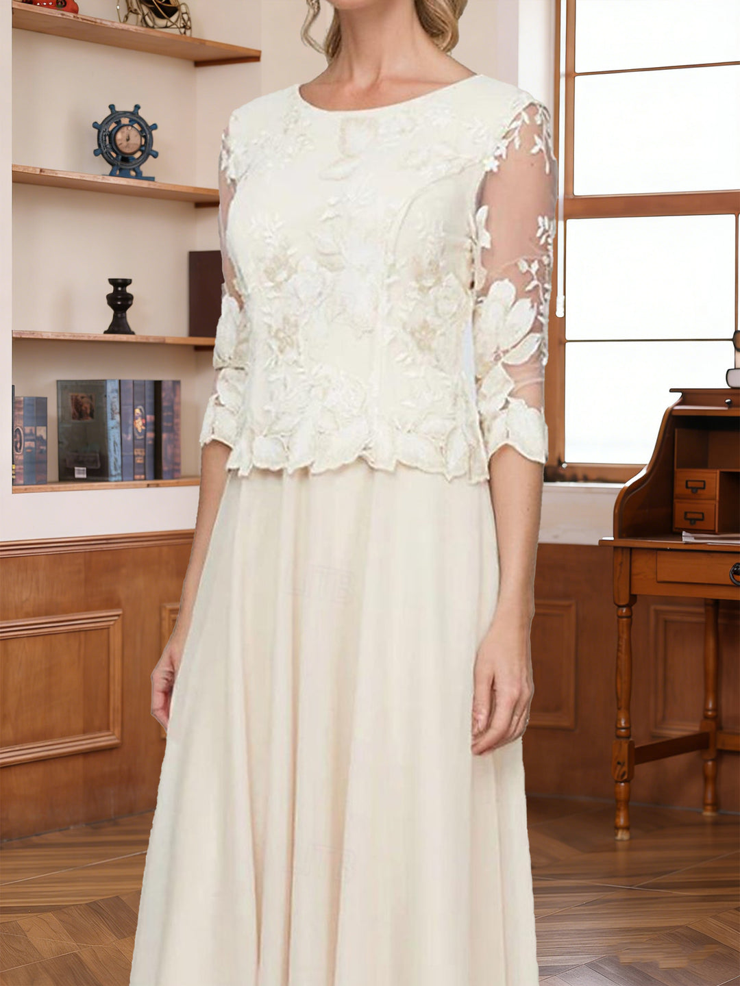 A-Line/Princess Scoop Half Sleeves Tea-Length Mother of the Bride Dresses with Lace&amp;Embroidery