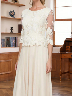 A-Line/Princess Scoop Half Sleeves Tea-Length Mother of the Bride Dresses with Lace&Embroidery