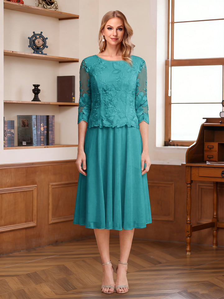A-Line/Princess Scoop Half Sleeves Tea-Length Mother of the Bride Dresses with Lace&amp;Embroidery