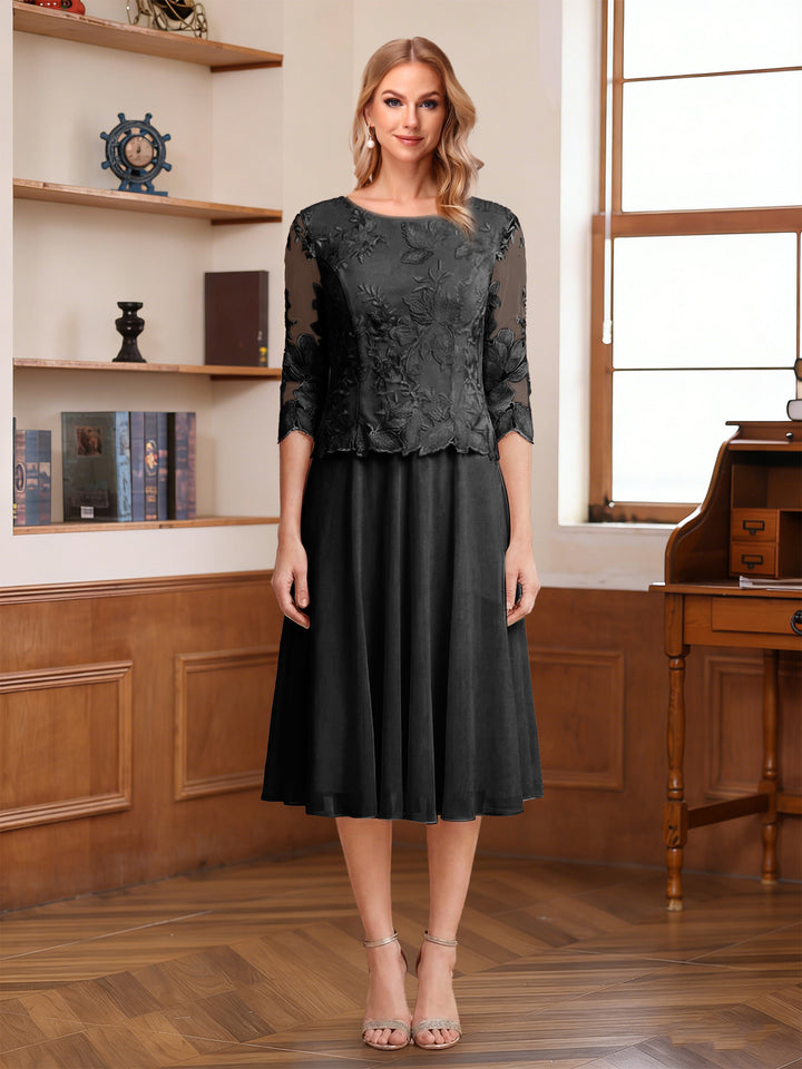 A-Line/Princess Scoop Half Sleeves Tea-Length Mother of the Bride Dresses with Lace&amp;Embroidery