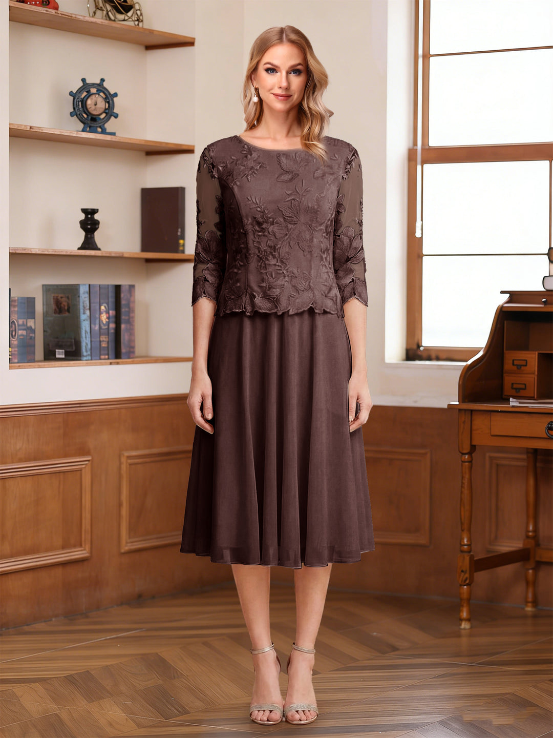 A-Line/Princess Scoop Half Sleeves Tea-Length Mother of the Bride Dresses with Lace&amp;Embroidery