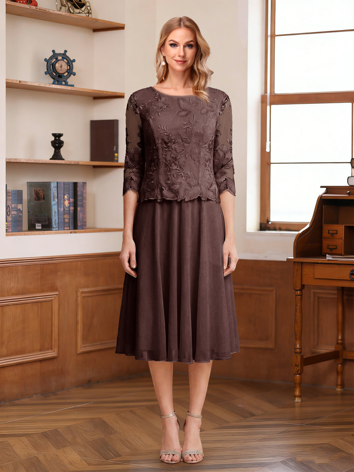 A-Line/Princess Scoop Half Sleeves Tea-Length Mother of the Bride Dresses with Lace&amp;Embroidery