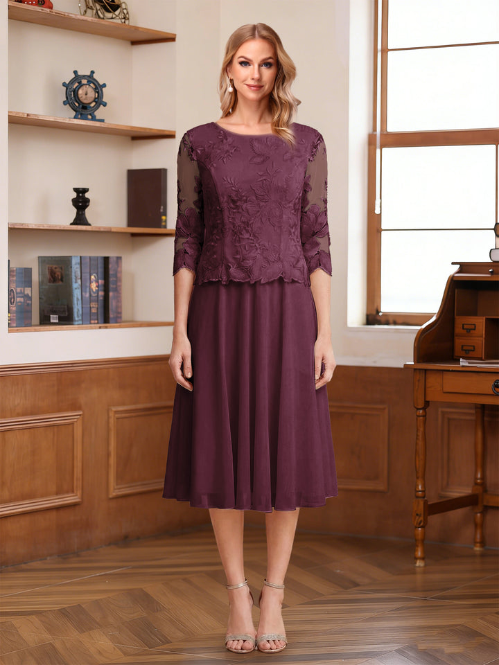 A-Line/Princess Scoop Half Sleeves Tea-Length Mother of the Bride Dresses with Lace&amp;Embroidery