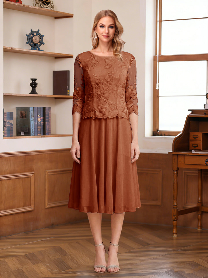 A-Line/Princess Scoop Half Sleeves Tea-Length Mother of the Bride Dresses with Lace&amp;Embroidery