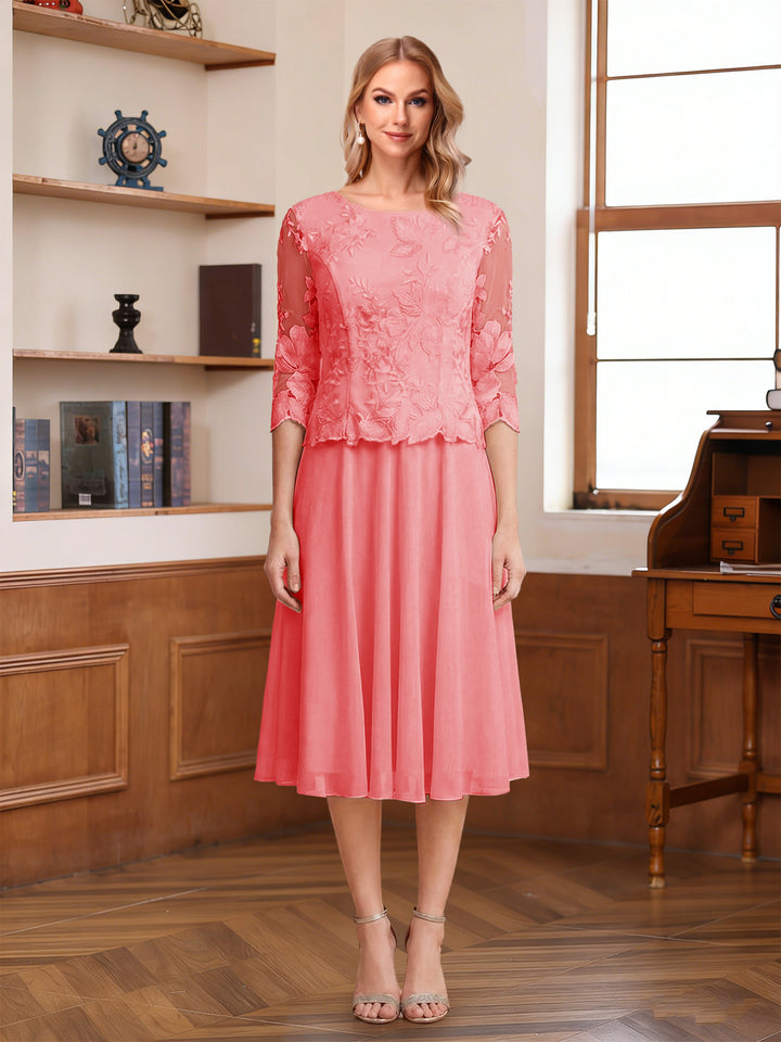 A-Line/Princess Scoop Half Sleeves Tea-Length Mother of the Bride Dresses with Lace&amp;Embroidery