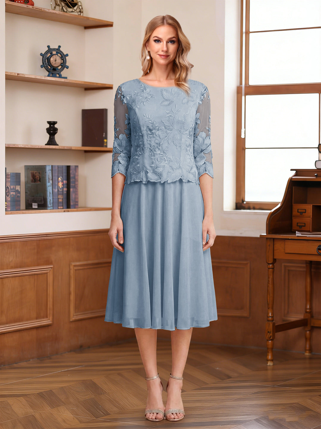 A-Line/Princess Scoop Half Sleeves Tea-Length Mother of the Bride Dresses with Lace&amp;Embroidery
