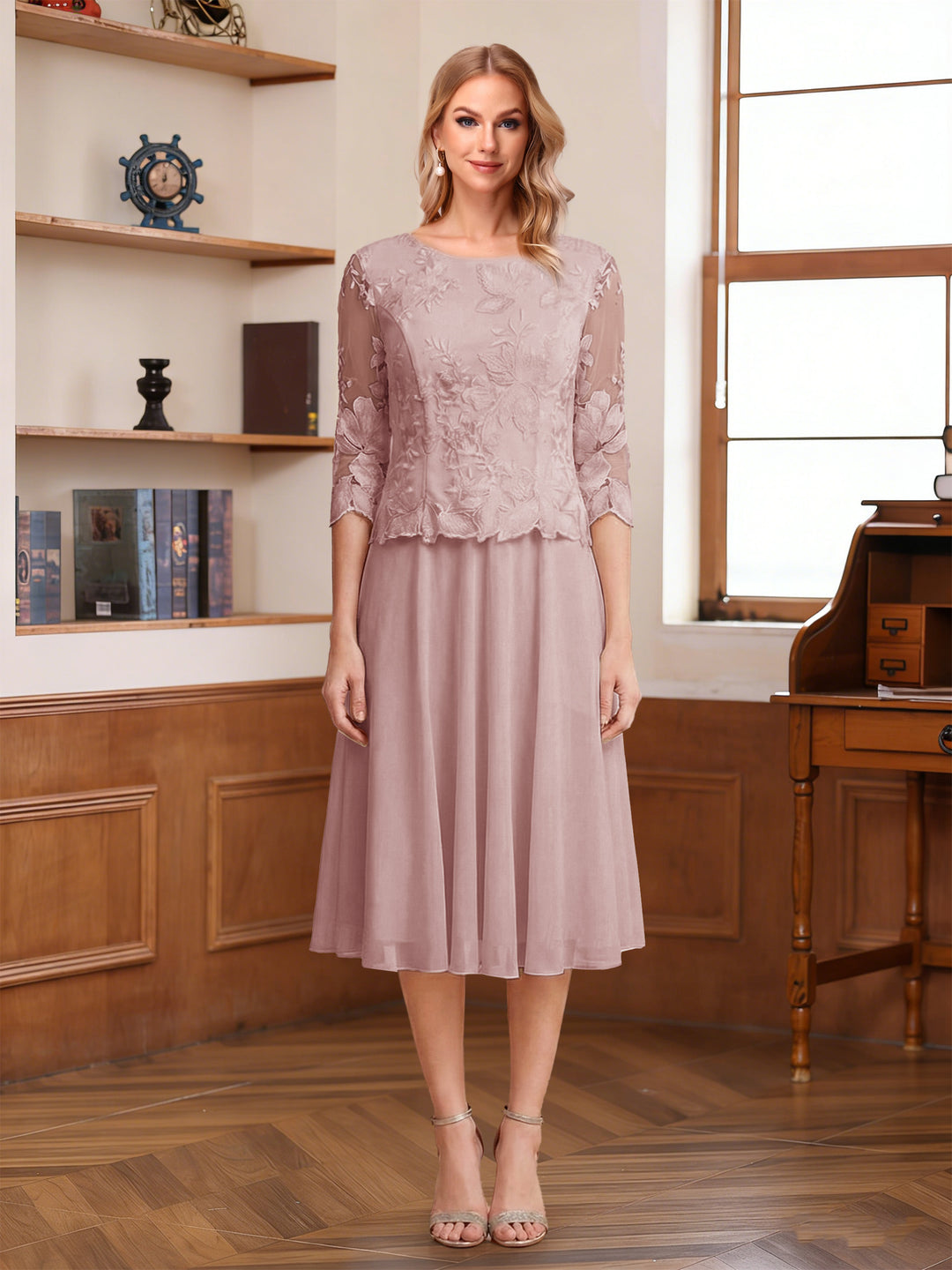 A-Line/Princess Scoop Half Sleeves Tea-Length Mother of the Bride Dresses with Lace&amp;Embroidery