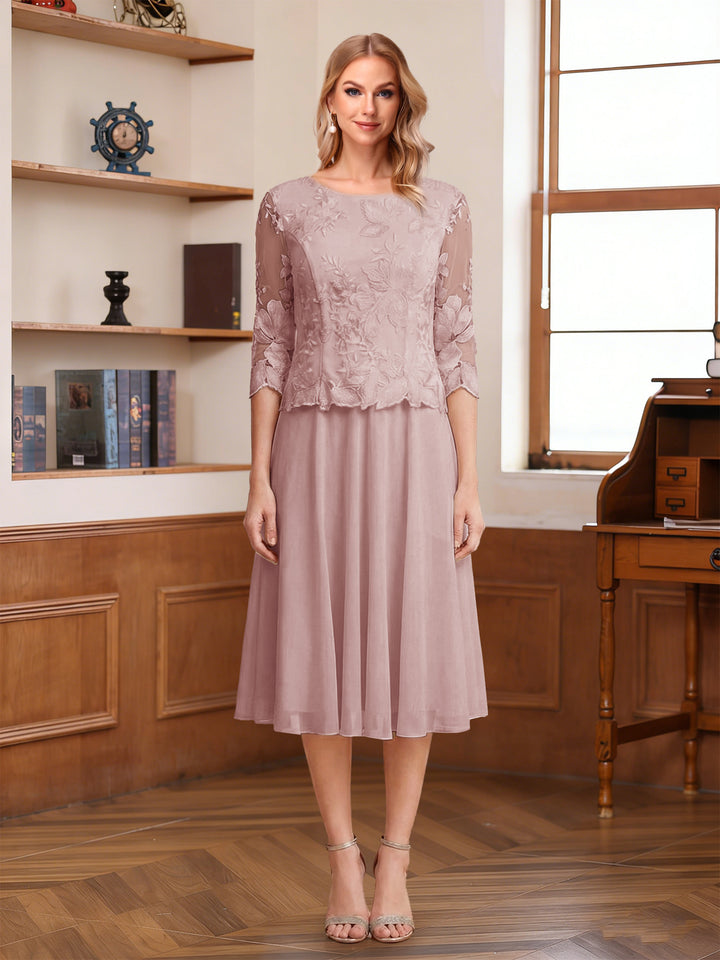 A-Line/Princess Scoop Half Sleeves Tea-Length Mother of the Bride Dresses with Lace&amp;Embroidery