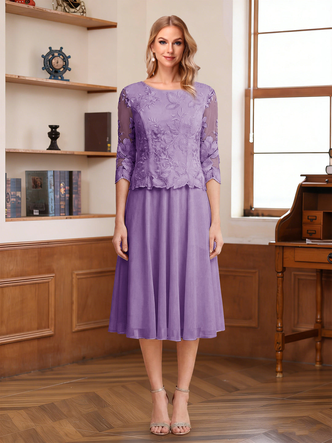 A-Line/Princess Scoop Half Sleeves Tea-Length Mother of the Bride Dresses with Lace&amp;Embroidery