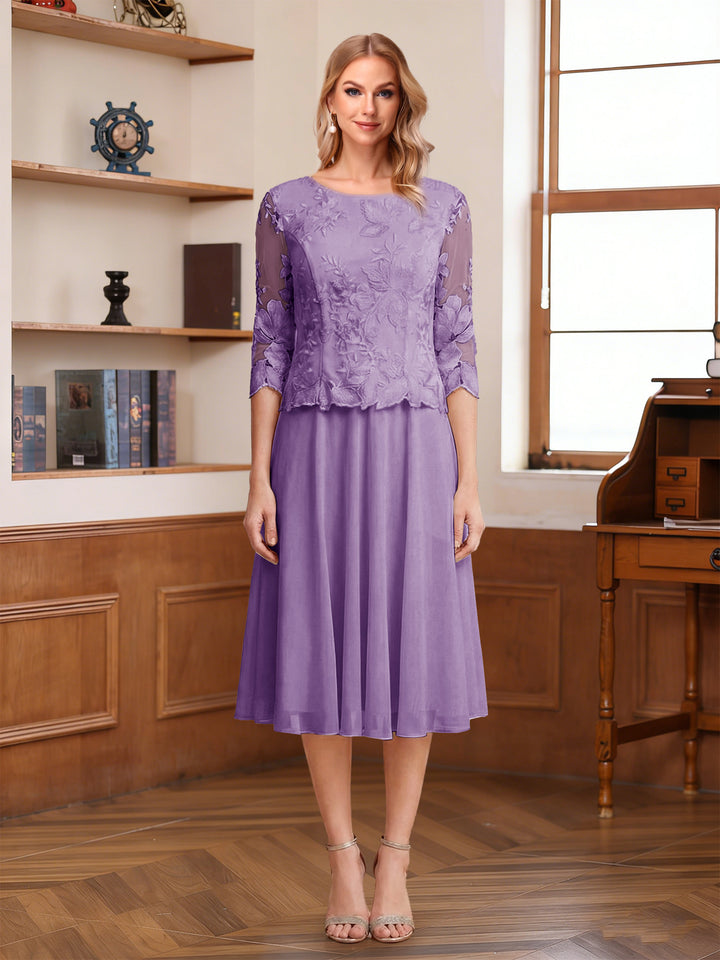 A-Line/Princess Scoop Half Sleeves Tea-Length Mother of the Bride Dresses with Lace&amp;Embroidery
