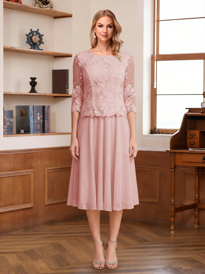 A-Line/Princess Scoop Half Sleeves Tea-Length Mother of the Bride Dresses with Lace&amp;Embroidery