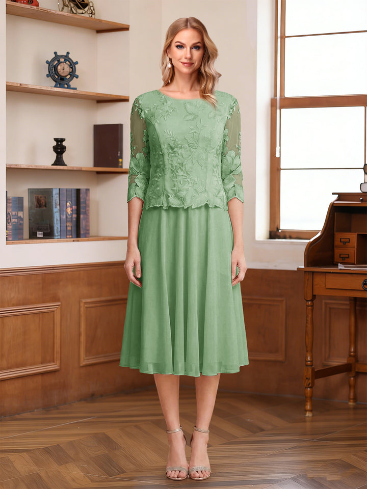 A-Line/Princess Scoop Half Sleeves Tea-Length Mother of the Bride Dresses with Lace&amp;Embroidery