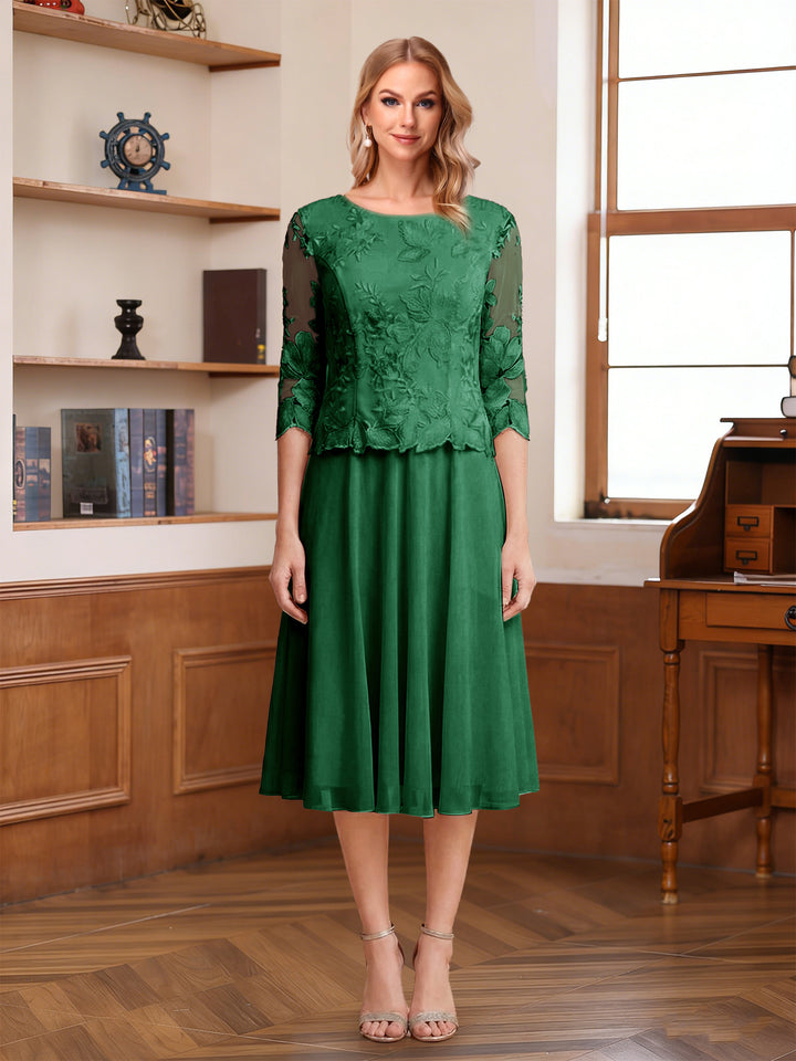A-Line/Princess Scoop Half Sleeves Tea-Length Mother of the Bride Dresses with Lace&amp;Embroidery
