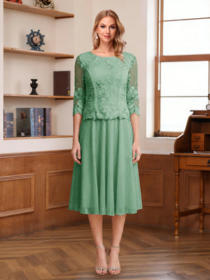 A-Line/Princess Scoop Half Sleeves Tea-Length Mother of the Bride Dresses with Lace&Embroidery