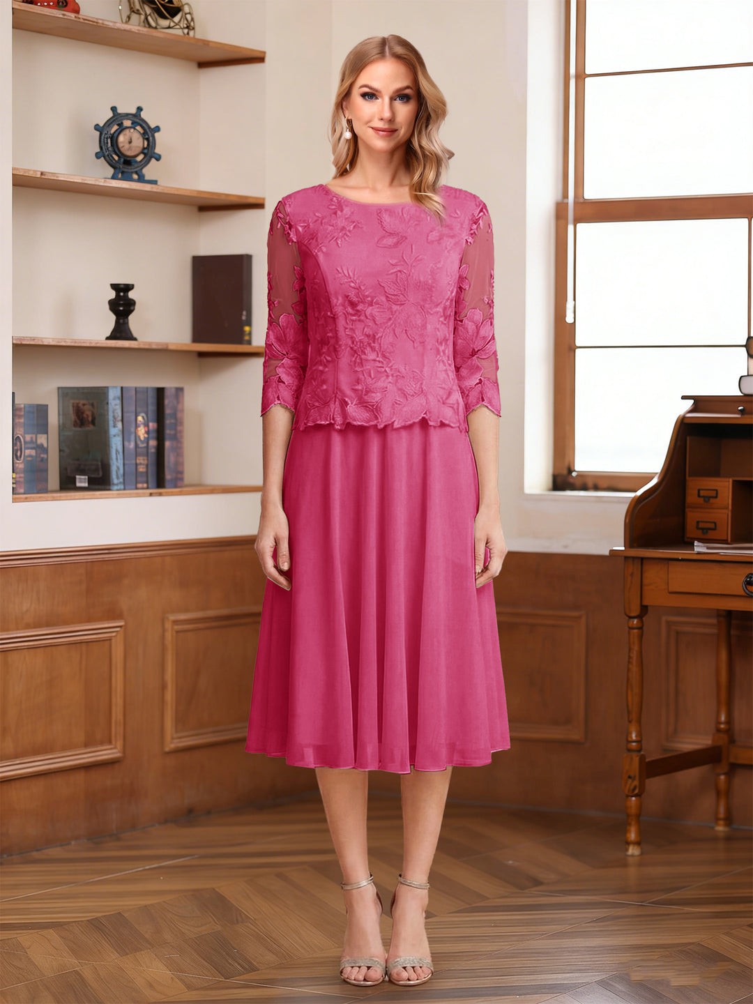 A-Line/Princess Scoop Half Sleeves Tea-Length Mother of the Bride Dresses with Lace&amp;Embroidery