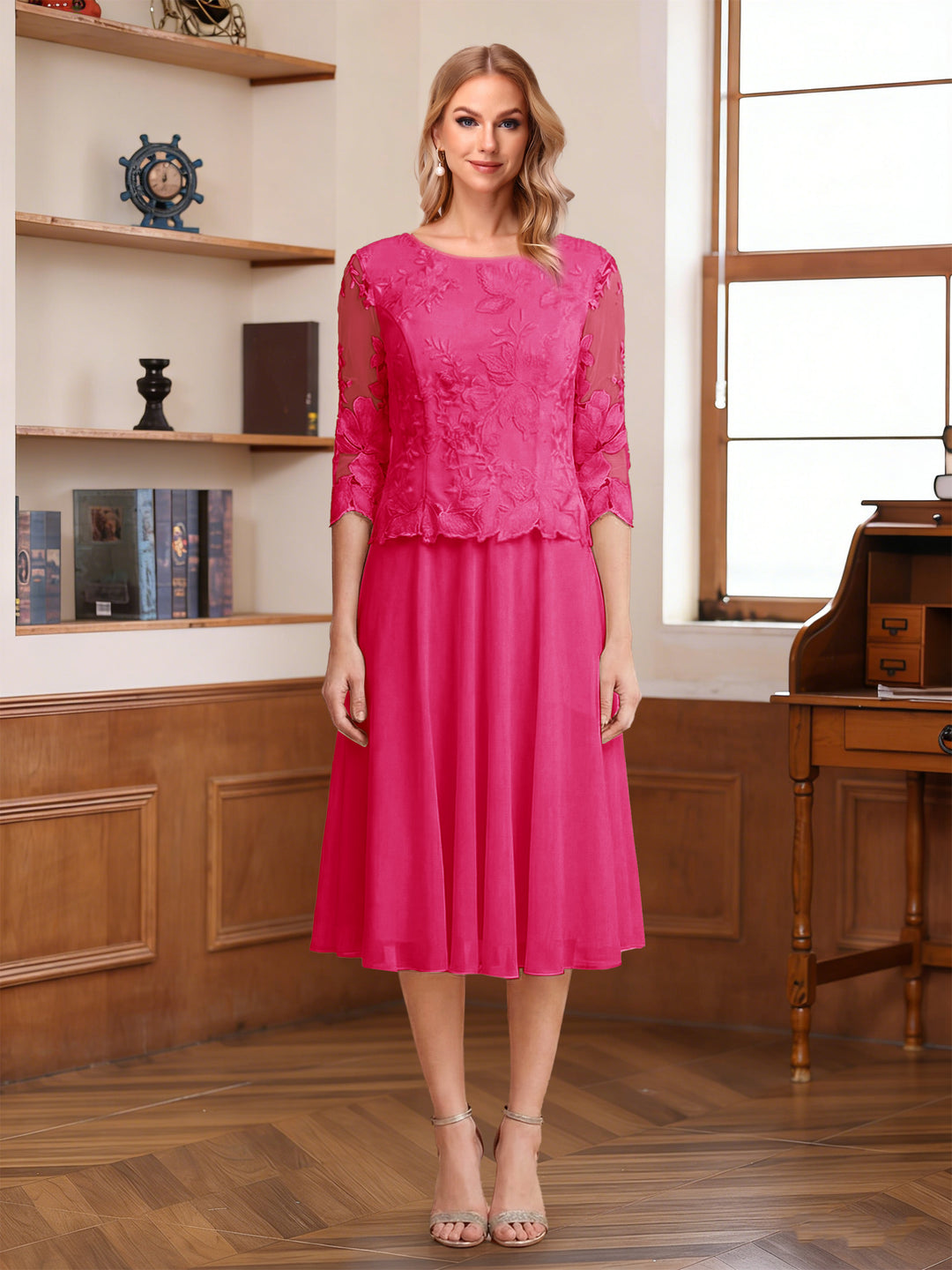 A-Line/Princess Scoop Half Sleeves Tea-Length Mother of the Bride Dresses with Lace&amp;Embroidery