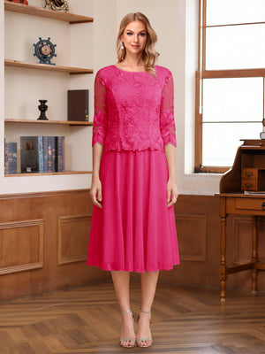 A-Line/Princess Scoop Half Sleeves Tea-Length Mother of the Bride Dresses with Lace&Embroidery
