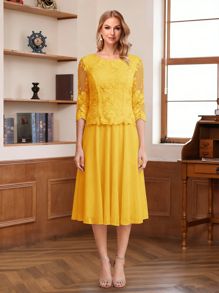 A-Line/Princess Scoop Half Sleeves Tea-Length Mother of the Bride Dresses with Lace&amp;Embroidery