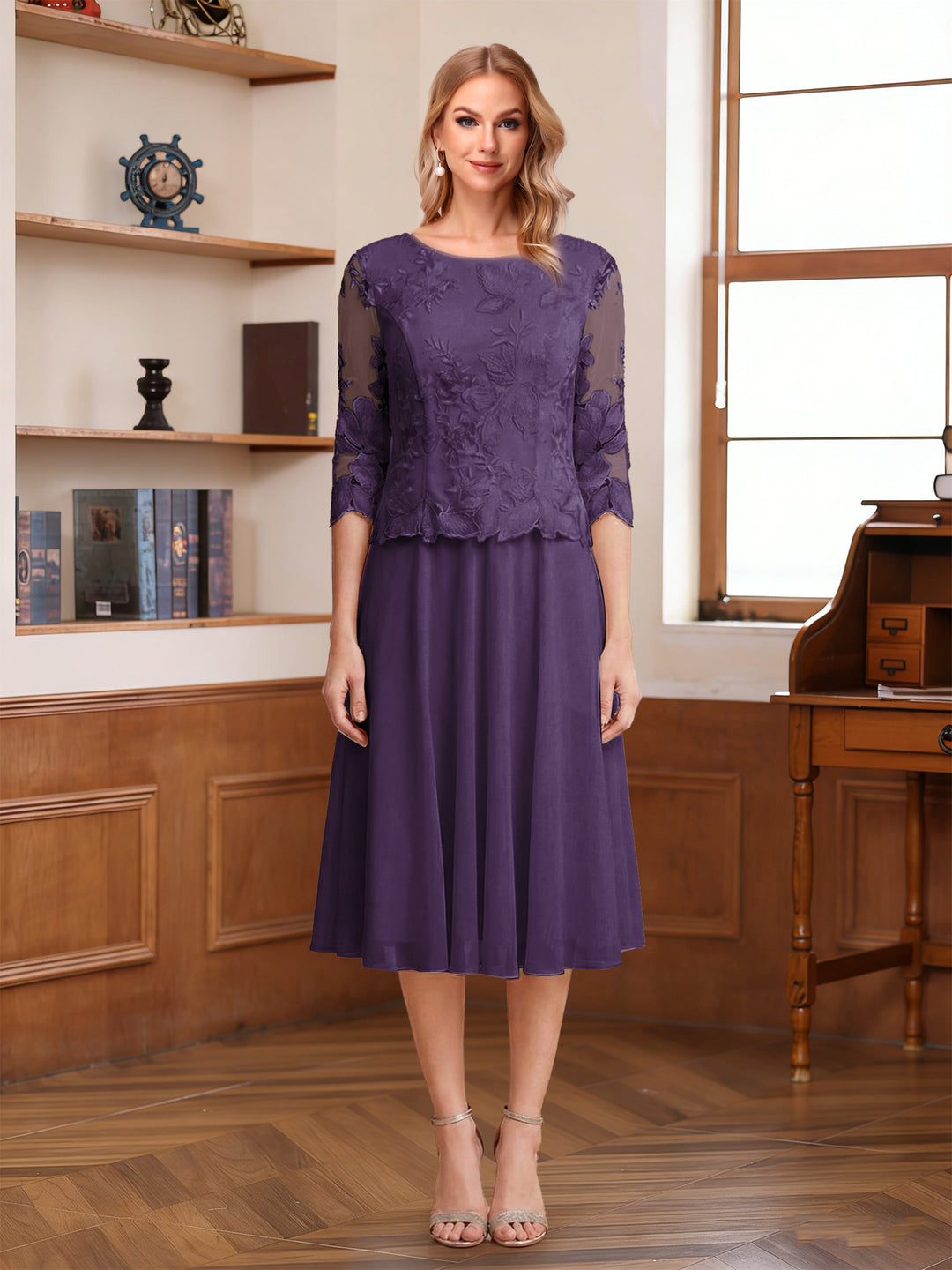 A-Line/Princess Scoop Half Sleeves Tea-Length Mother of the Bride Dresses with Lace&amp;Embroidery