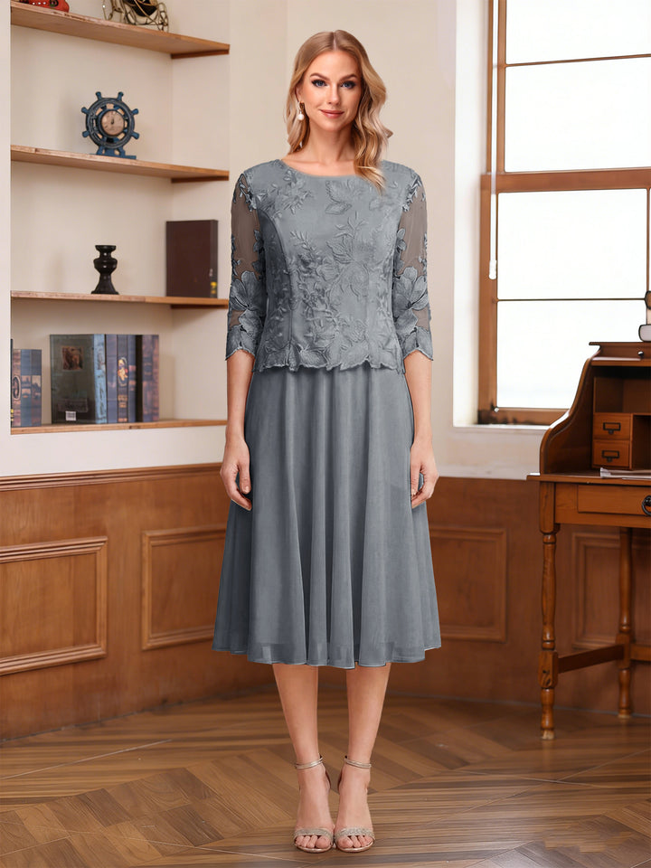 A-Line/Princess Scoop Half Sleeves Tea-Length Mother of the Bride Dresses with Lace&amp;Embroidery