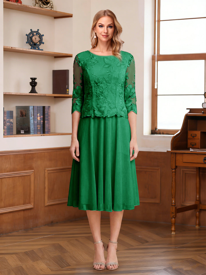 A-Line/Princess Scoop Half Sleeves Tea-Length Mother of the Bride Dresses with Lace&amp;Embroidery