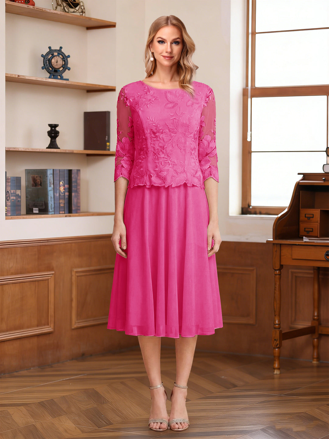 A-Line/Princess Scoop Half Sleeves Tea-Length Mother of the Bride Dresses with Lace&amp;Embroidery