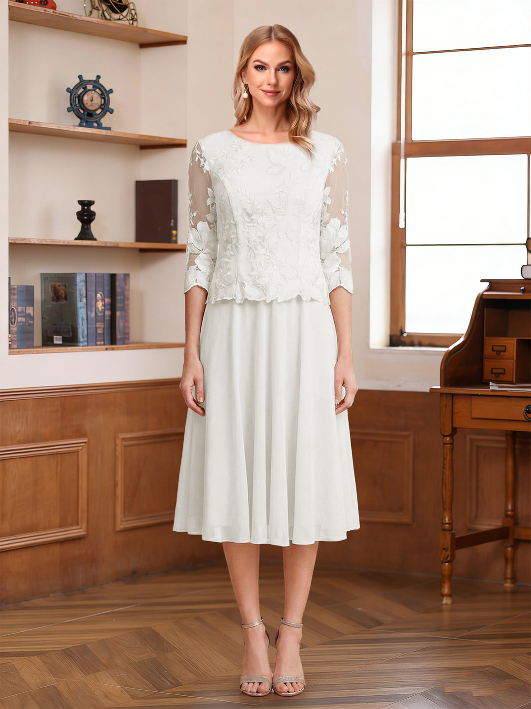 A-Line/Princess Scoop Half Sleeves Tea-Length Mother of the Bride Dresses with Lace&amp;Embroidery
