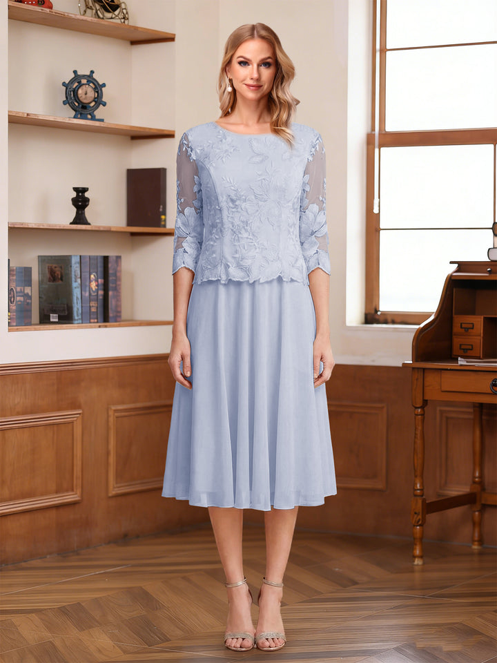 A-Line/Princess Scoop Half Sleeves Tea-Length Mother of the Bride Dresses with Lace&amp;Embroidery