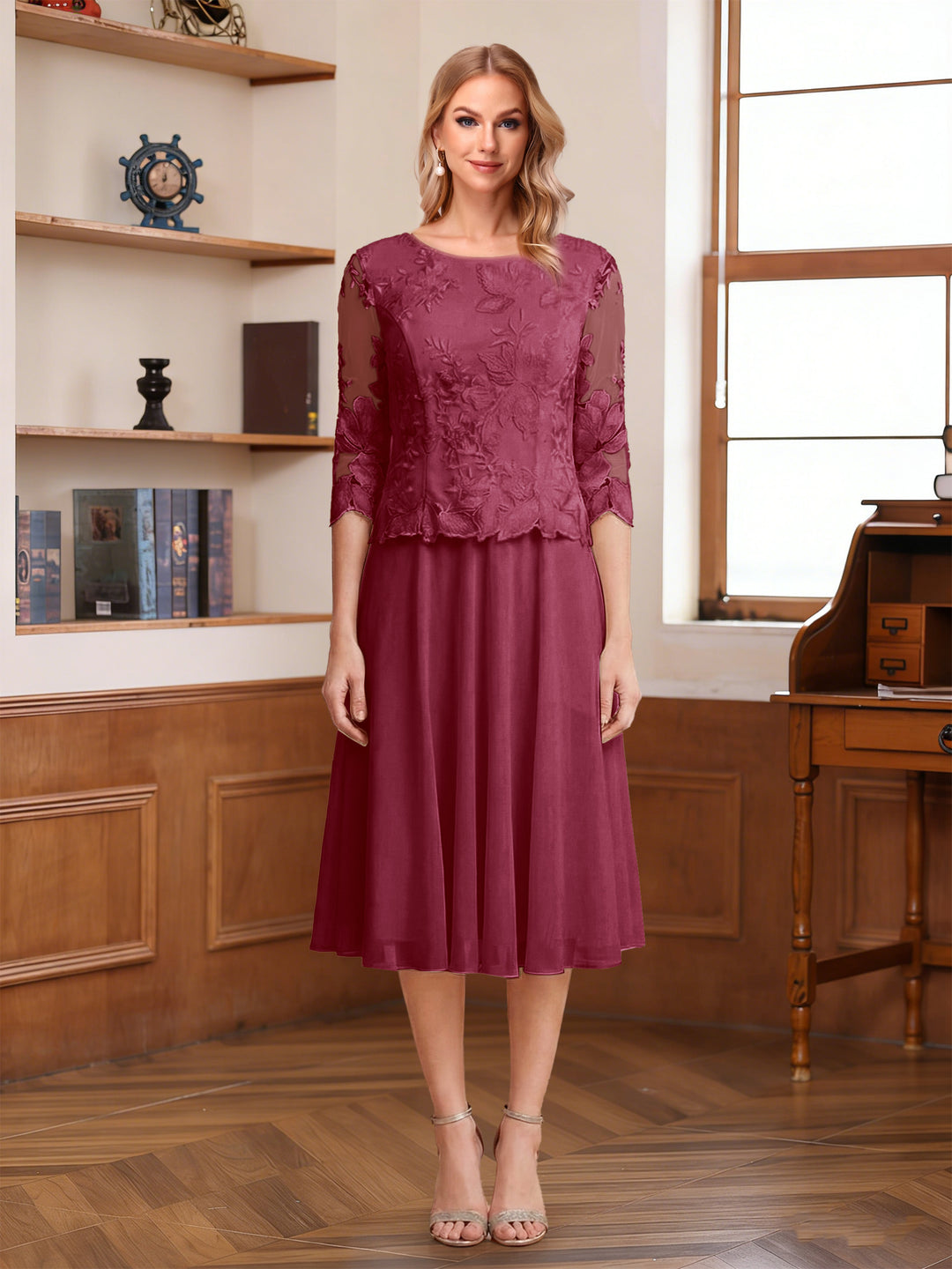 A-Line/Princess Scoop Half Sleeves Tea-Length Mother of the Bride Dresses with Lace&amp;Embroidery