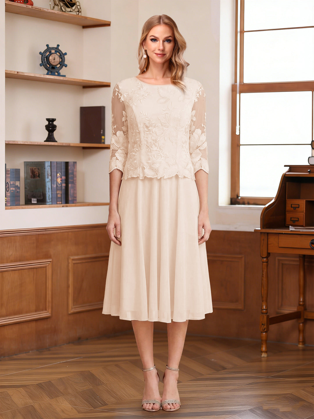 A-Line/Princess Scoop Half Sleeves Tea-Length Mother of the Bride Dresses with Lace&amp;Embroidery