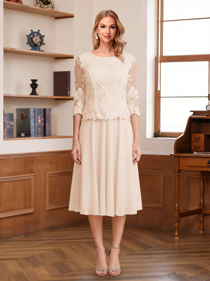 A-Line/Princess Scoop Half Sleeves Tea-Length Mother of the Bride Dresses with Lace&amp;Embroidery